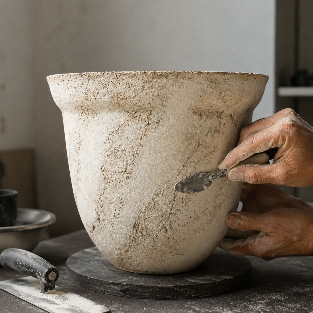 Hand-finishing a Donizza.art concrete planter